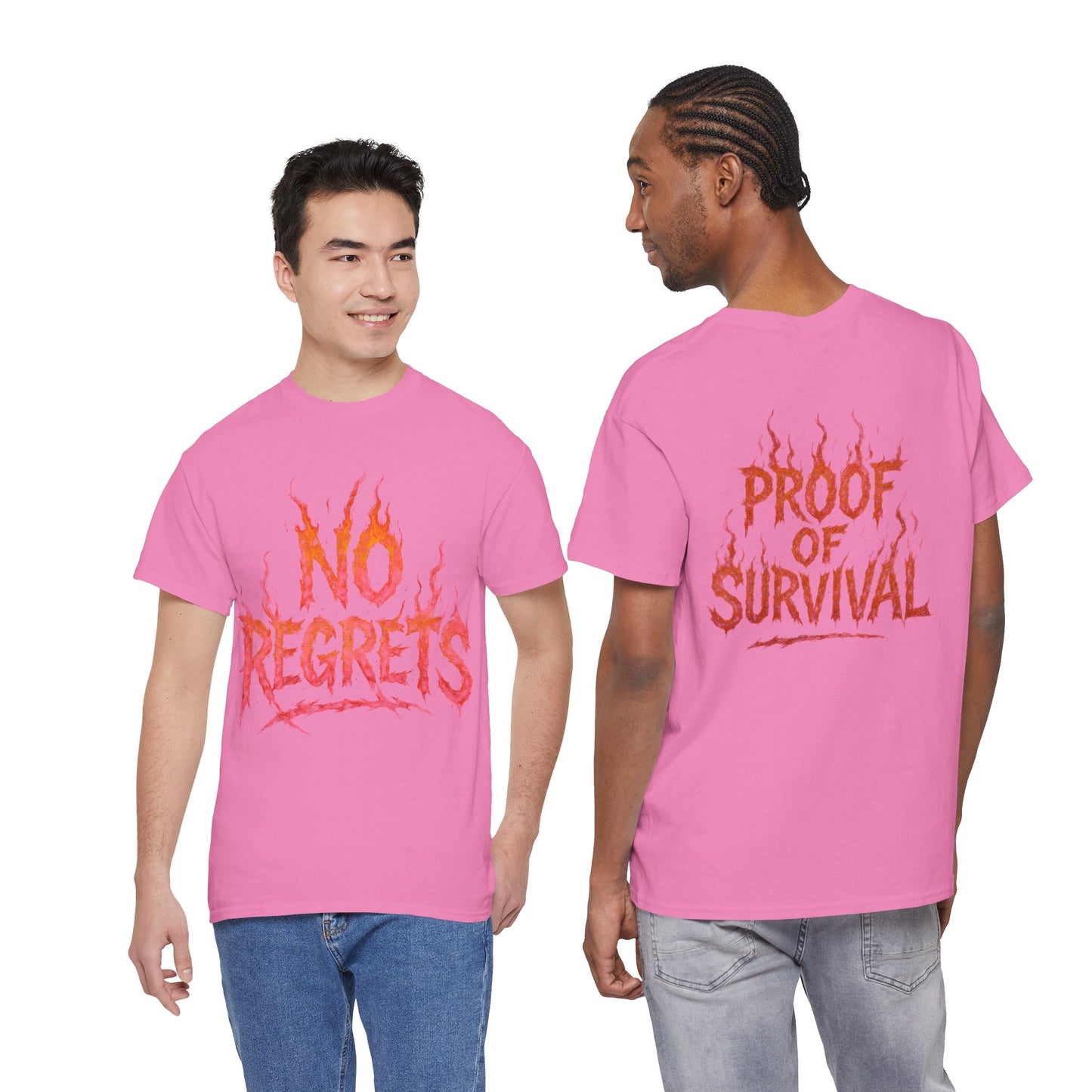 Graphic Tee — 'No Regrets' / 'Proof of Survival' Flame Text Shirt