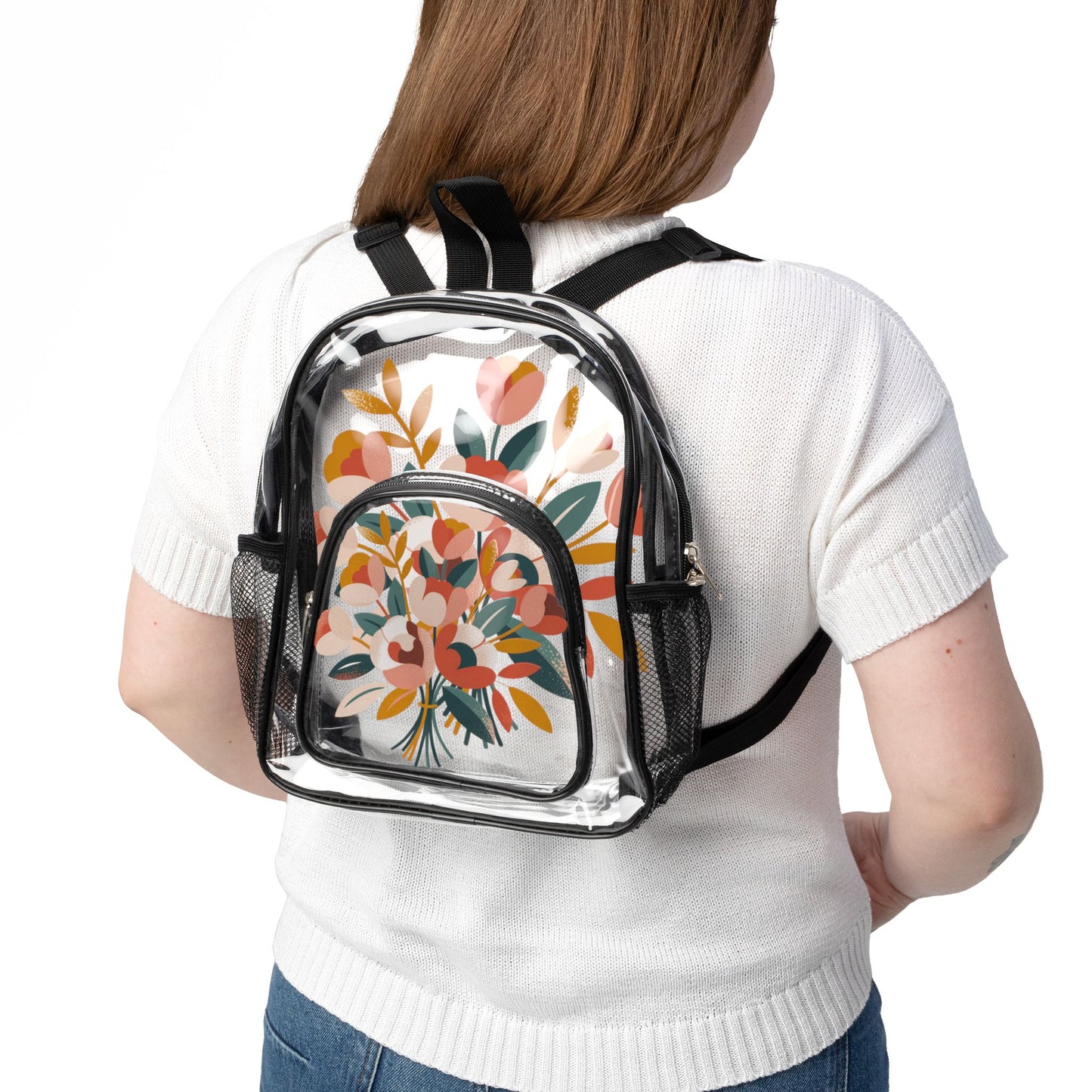 Clear Floral Stadium Backpack - Transparent Bag for Sports Events & Festivals