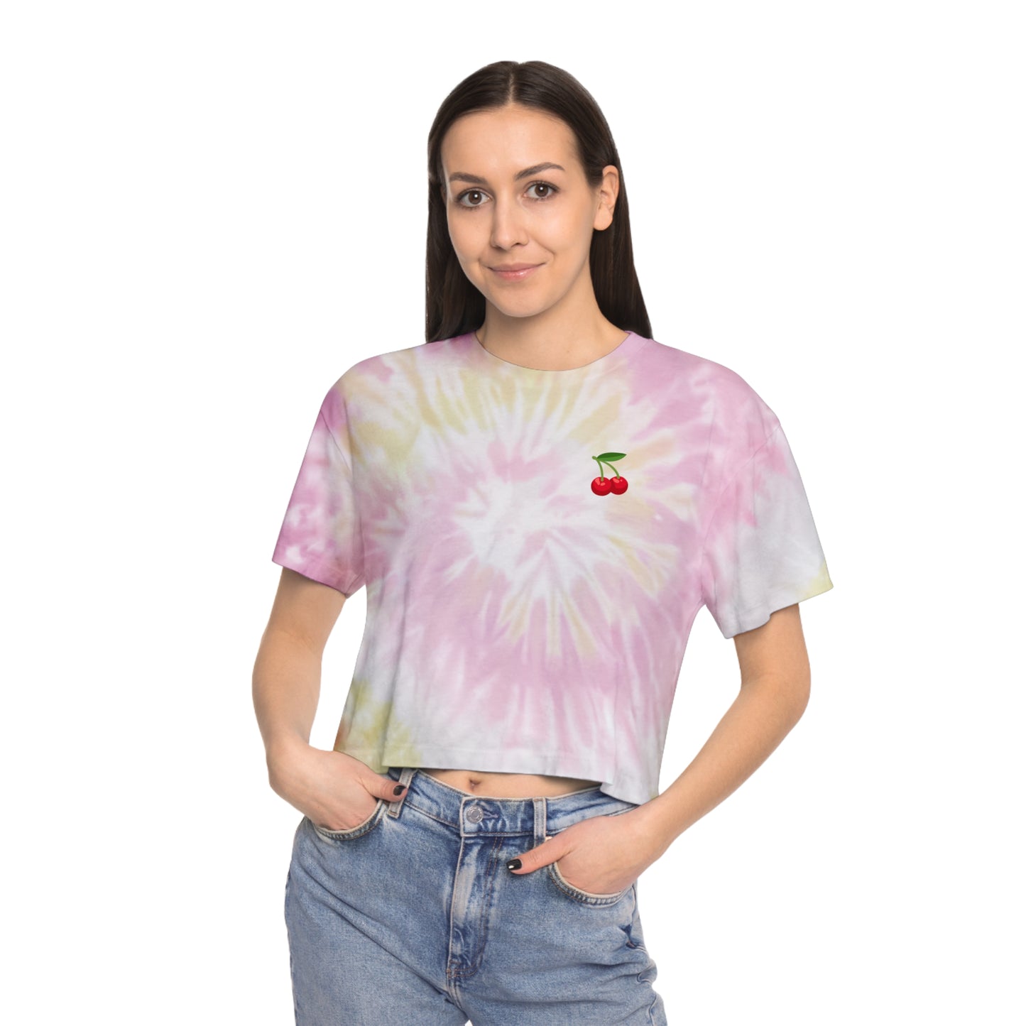 Women's Tie-Dye Crop Tee with Cherry Design - Summer Fashion, Beach Wear, Casual Outfit, Festival Attire, Gift Idea