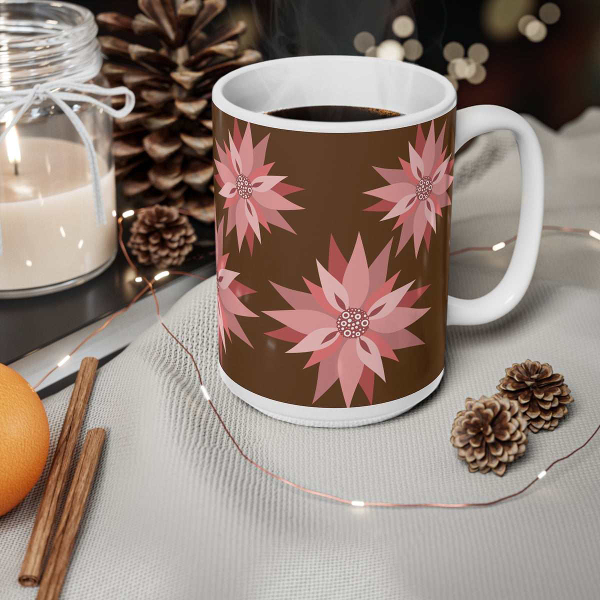 Floral Ceramic Coffee Mug — Pink Poinsettia Pattern (11oz & 15oz)