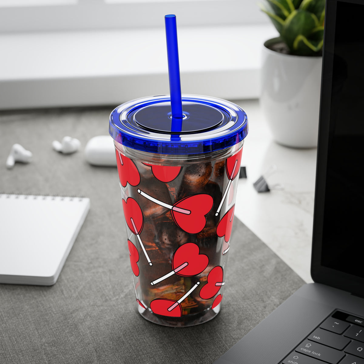 Heart Lollipop 16oz Tumbler with Straw — Valentine Candy Pattern Cold Cup