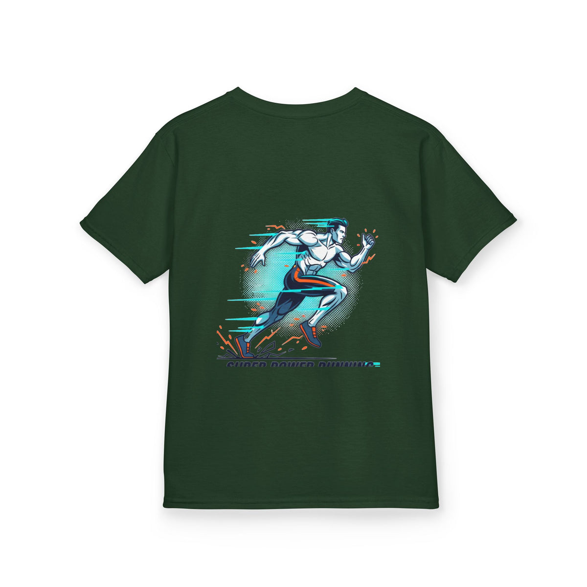 Kids Super Power T-Shirt — Lightning Bolt Badge & Running Superhero Graphic