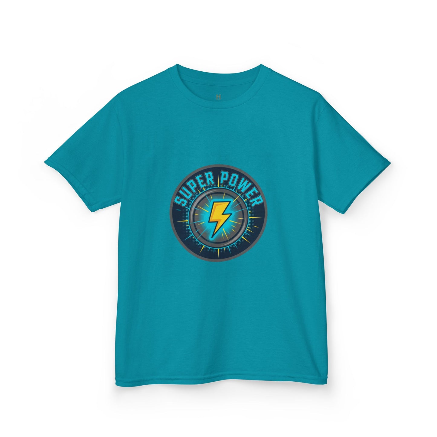 Kids Super Power T-Shirt — Lightning Bolt Badge & Running Superhero Graphic