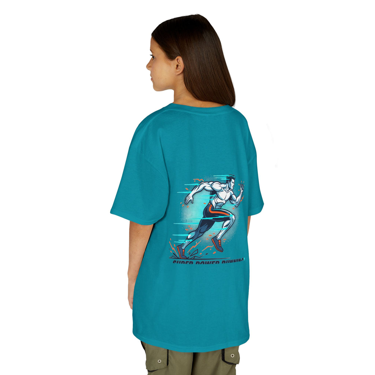 Kids Super Power T-Shirt — Lightning Bolt Badge & Running Superhero Graphic