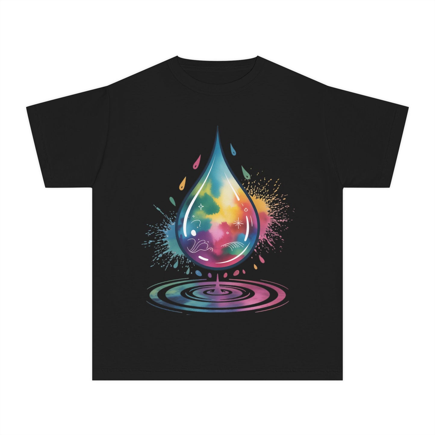 Colorful Nature Youth Tee - Artistic Water Droplet & Whimsical Deer Design