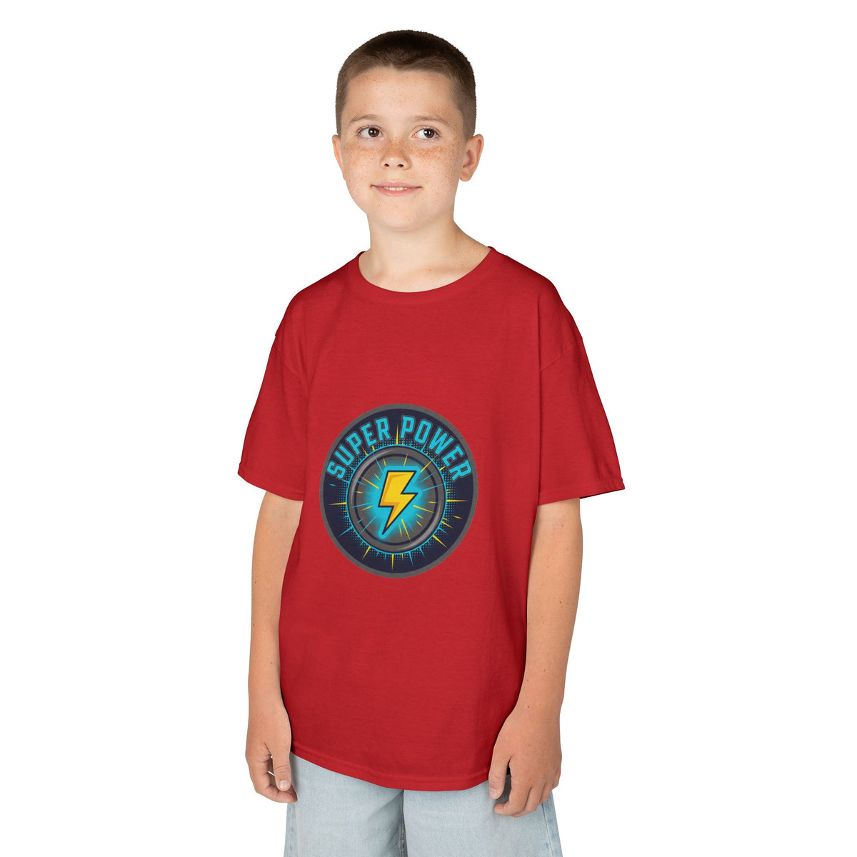 Kids Super Power T-Shirt — Lightning Bolt Badge & Running Superhero Graphic
