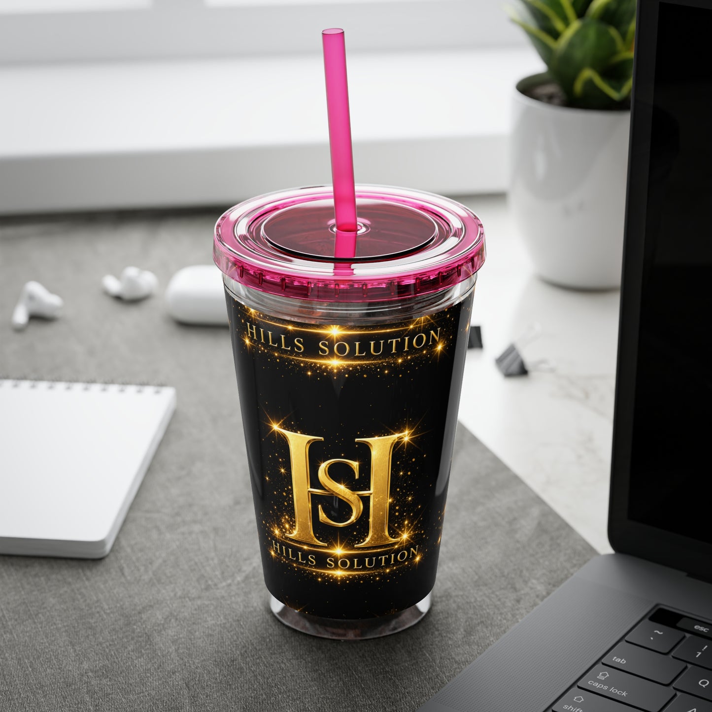 16oz Sunsplash Straw Tumbler — Gold 'HS' Logo Insulated Cup