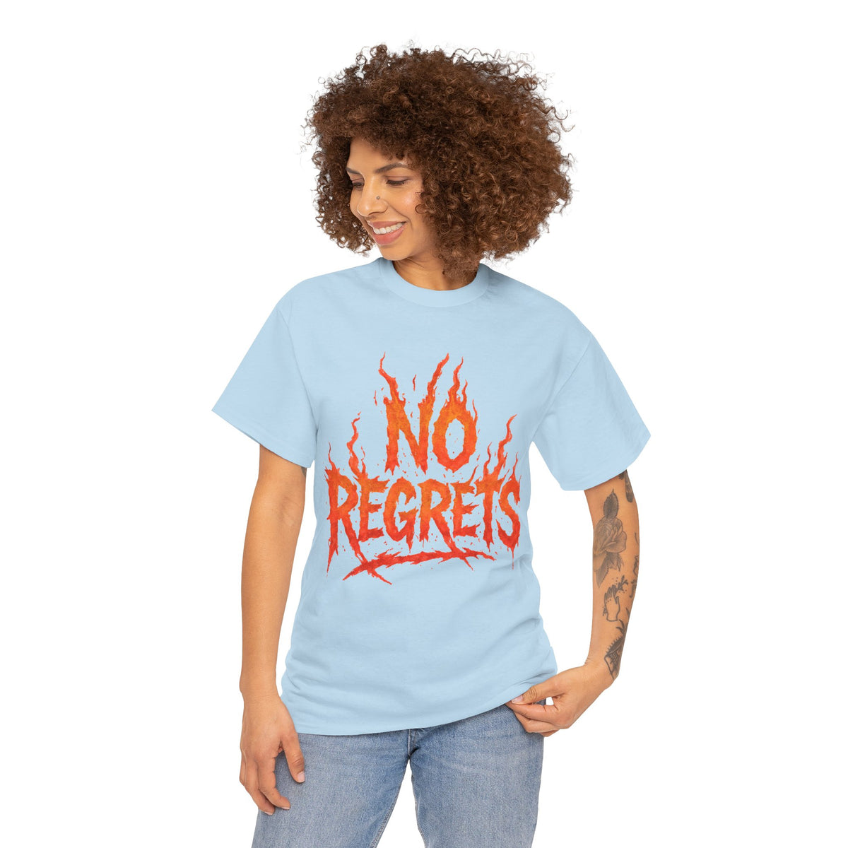 Graphic Tee — 'No Regrets' / 'Proof of Survival' Flame Text Shirt