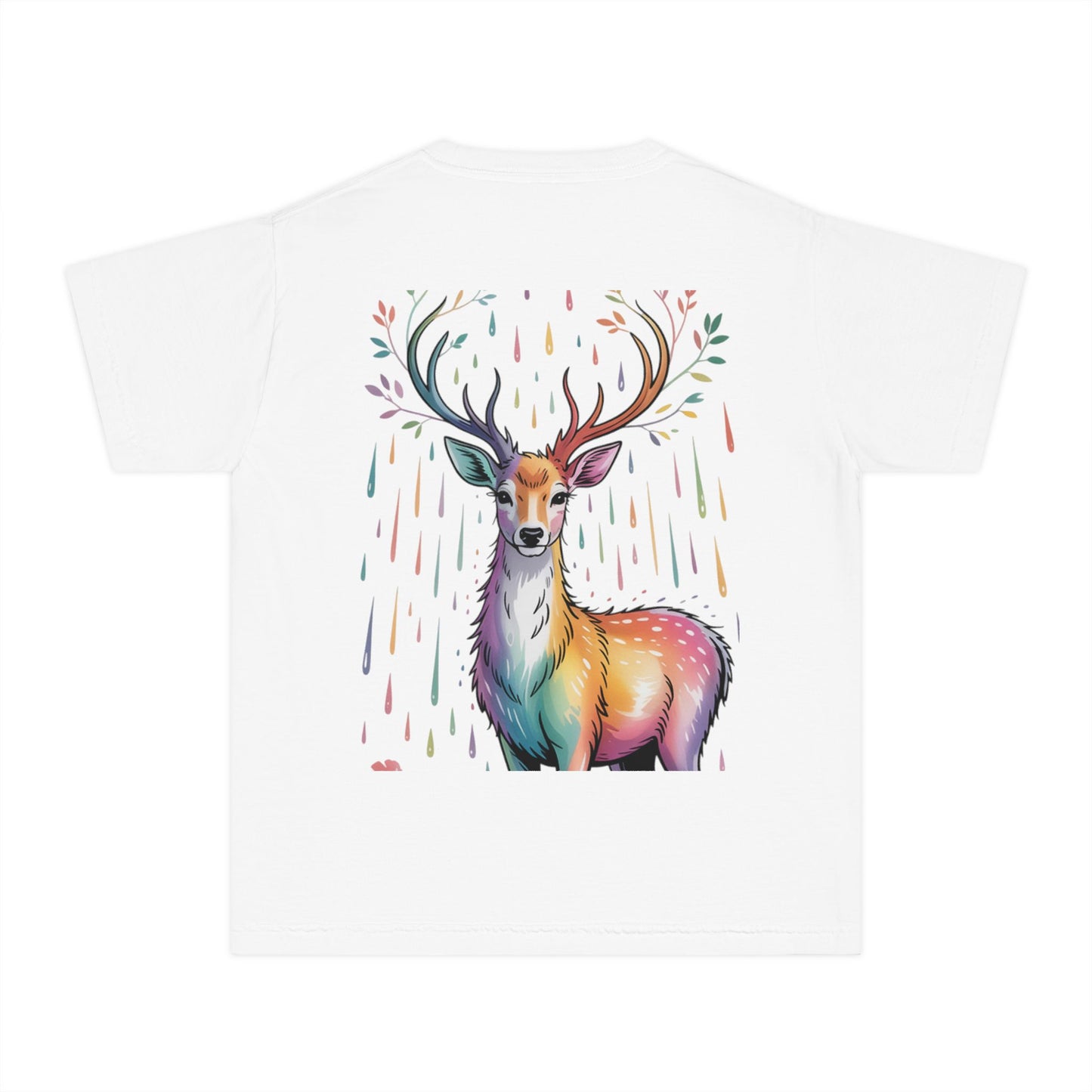 Colorful Nature Youth Tee - Artistic Water Droplet & Whimsical Deer Design