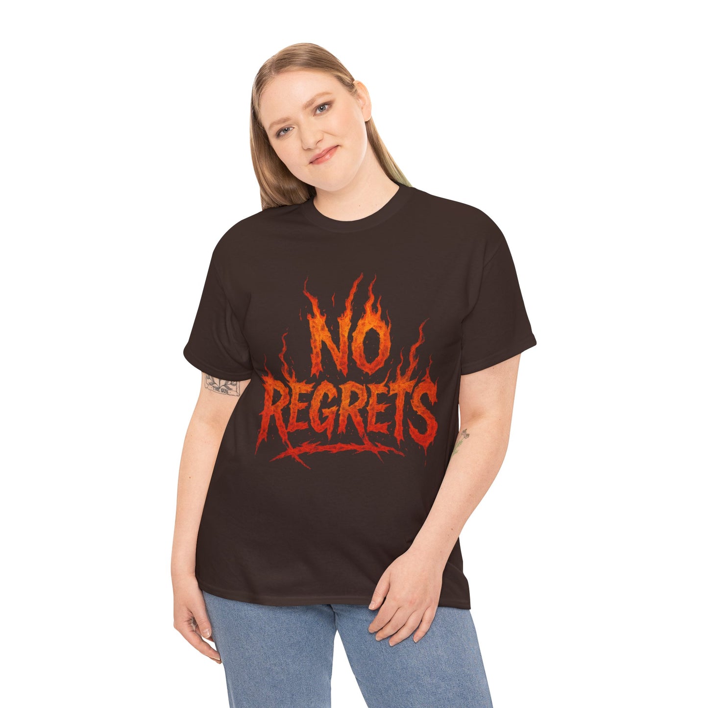 Graphic Tee — 'No Regrets' / 'Proof of Survival' Flame Text Shirt