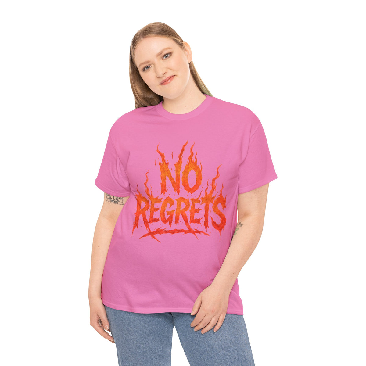 Graphic Tee — 'No Regrets' / 'Proof of Survival' Flame Text Shirt