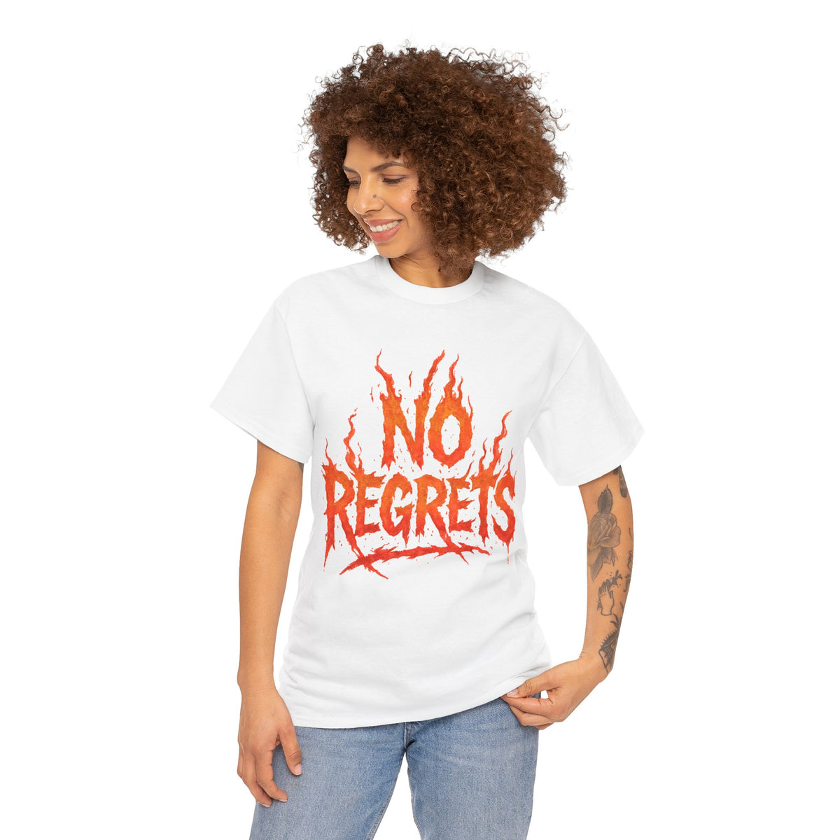 Graphic Tee — 'No Regrets' / 'Proof of Survival' Flame Text Shirt