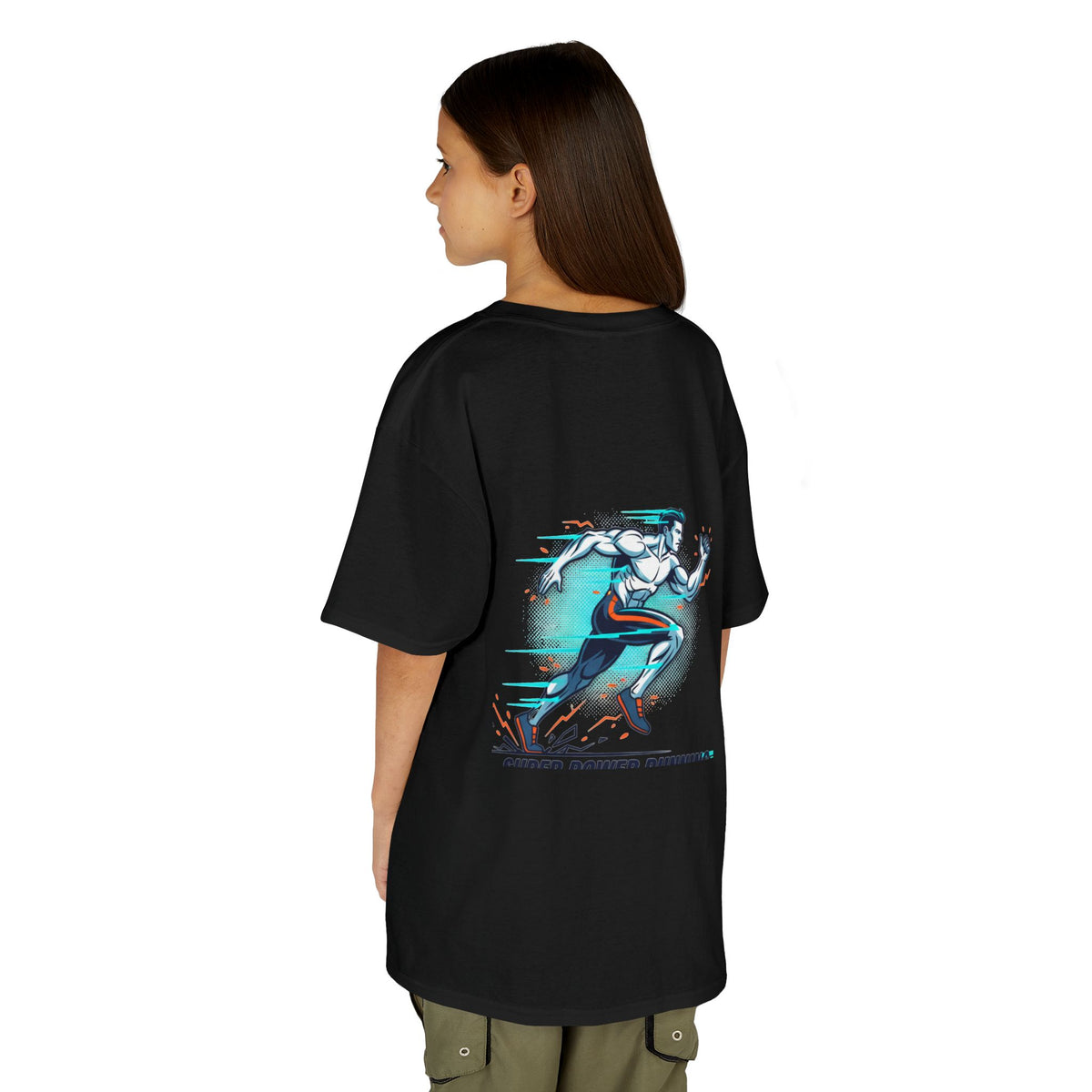 Kids Super Power T-Shirt — Lightning Bolt Badge & Running Superhero Graphic