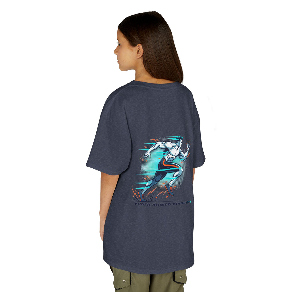 Kids Super Power T-Shirt — Lightning Bolt Badge & Running Superhero Graphic