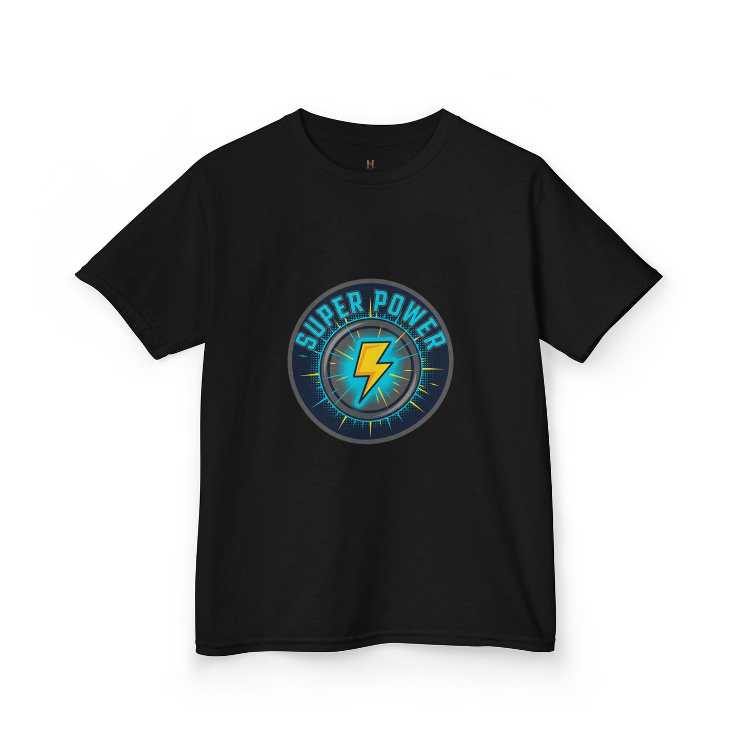 Kids Super Power T-Shirt — Lightning Bolt Badge & Running Superhero Graphic