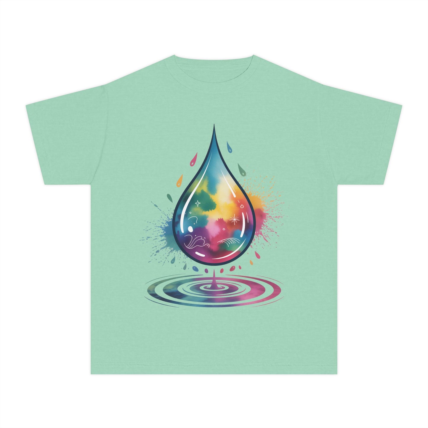 Colorful Nature Youth Tee - Artistic Water Droplet & Whimsical Deer Design