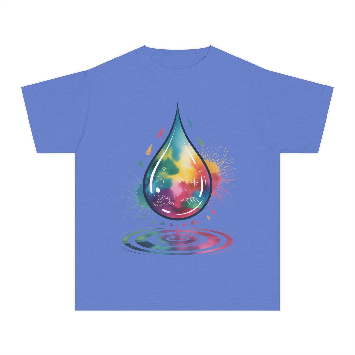 Colorful Nature Youth Tee - Artistic Water Droplet & Whimsical Deer Design
