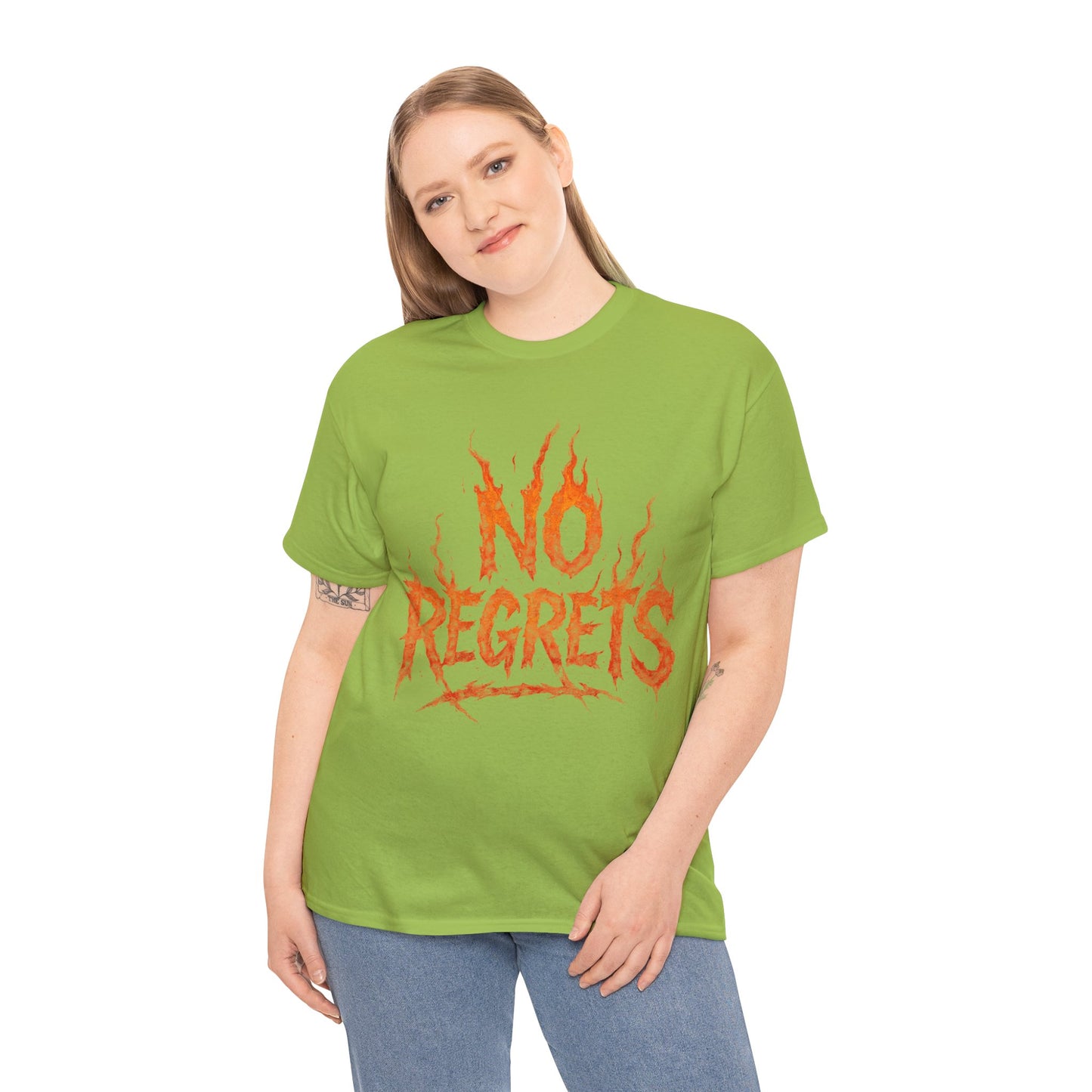 Graphic Tee — 'No Regrets' / 'Proof of Survival' Flame Text Shirt