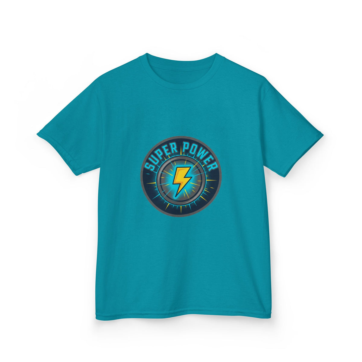 Kids Super Power T-Shirt — Lightning Bolt Badge & Running Superhero Graphic