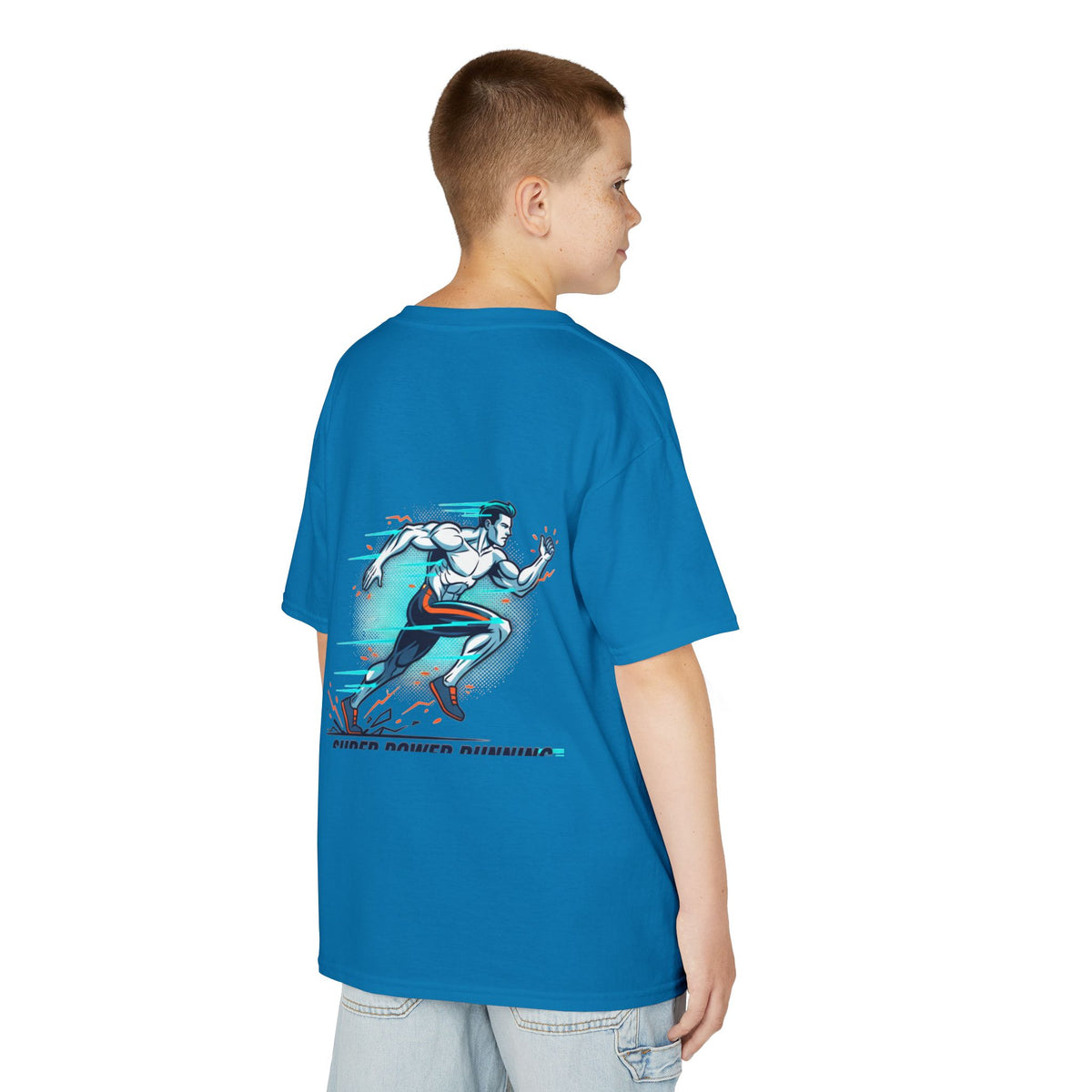 Kids Super Power T-Shirt — Lightning Bolt Badge & Running Superhero Graphic