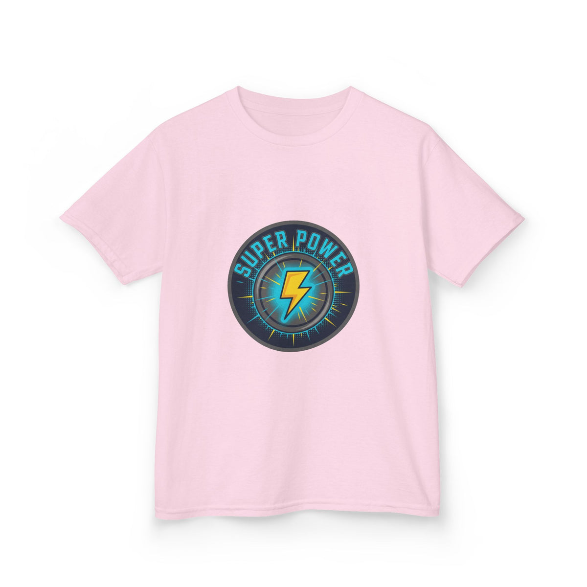 Kids Super Power T-Shirt — Lightning Bolt Badge & Running Superhero Graphic