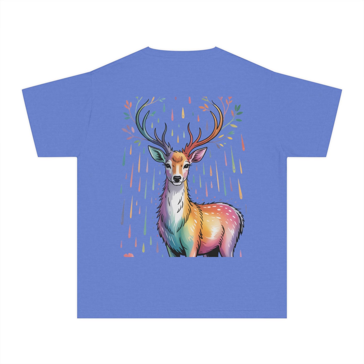 Colorful Nature Youth Tee - Artistic Water Droplet & Whimsical Deer Design