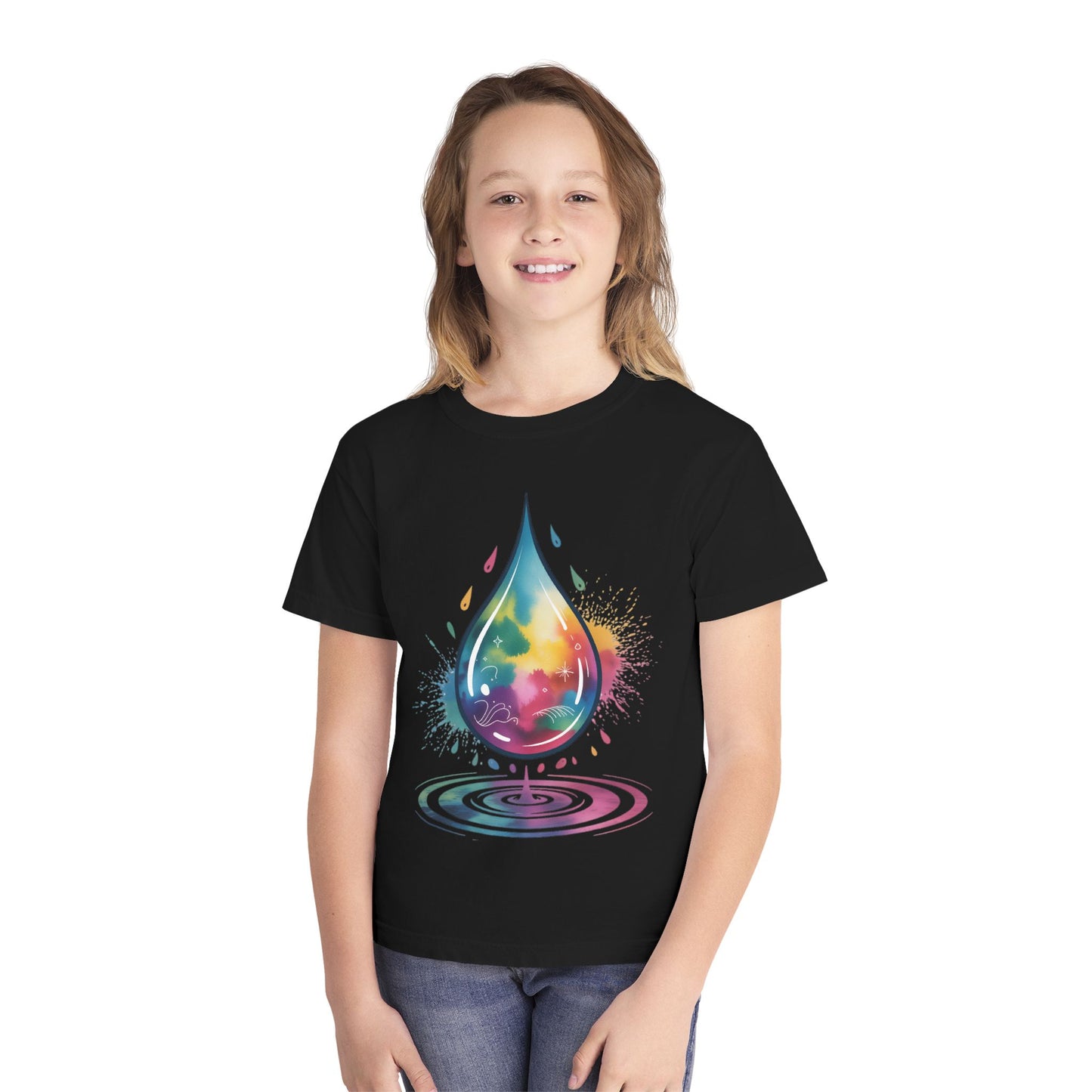 Colorful Nature Youth Tee - Artistic Water Droplet & Whimsical Deer Design