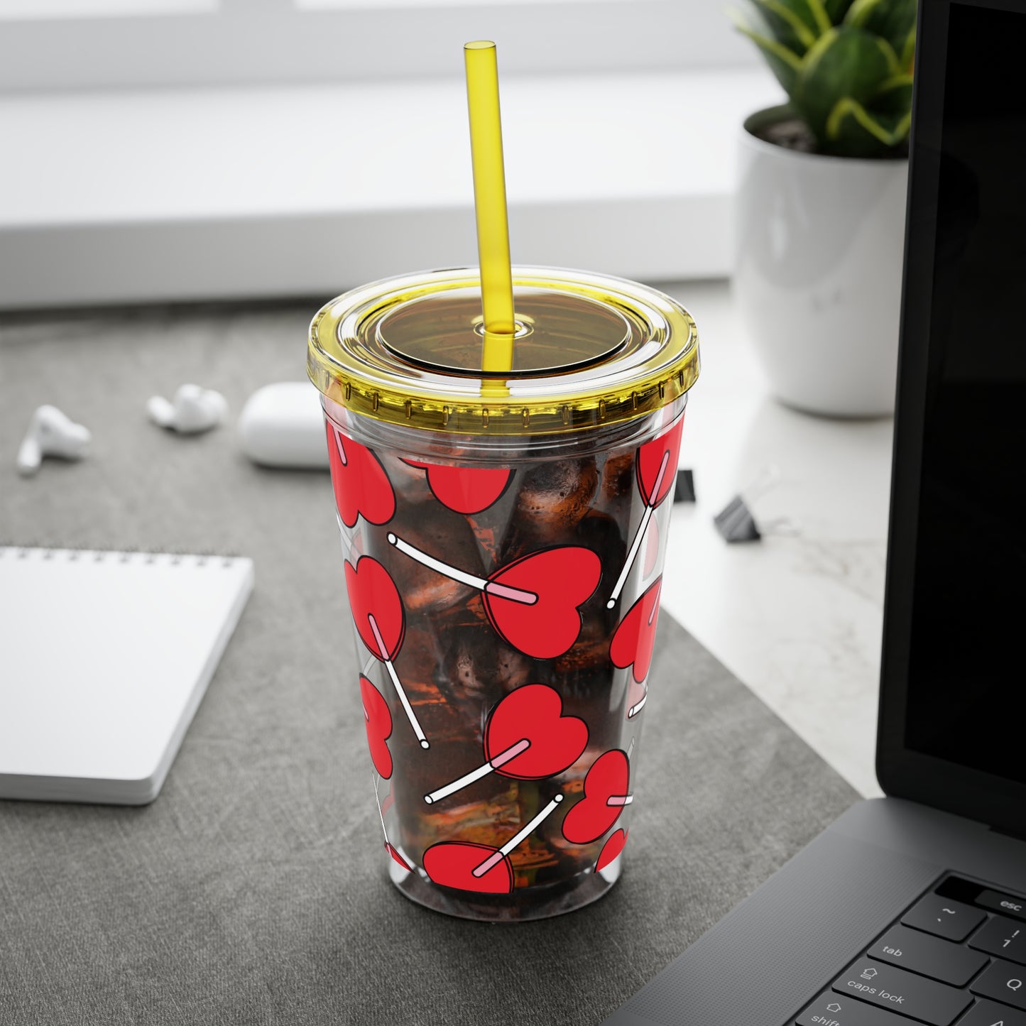 Heart Lollipop 16oz Tumbler with Straw — Valentine Candy Pattern Cold Cup