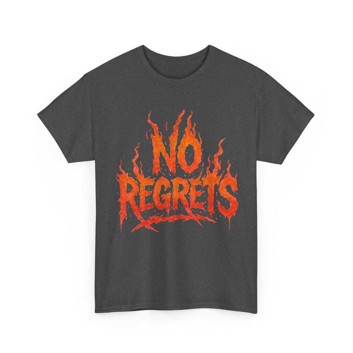 Graphic Tee — 'No Regrets' / 'Proof of Survival' Flame Text Shirt