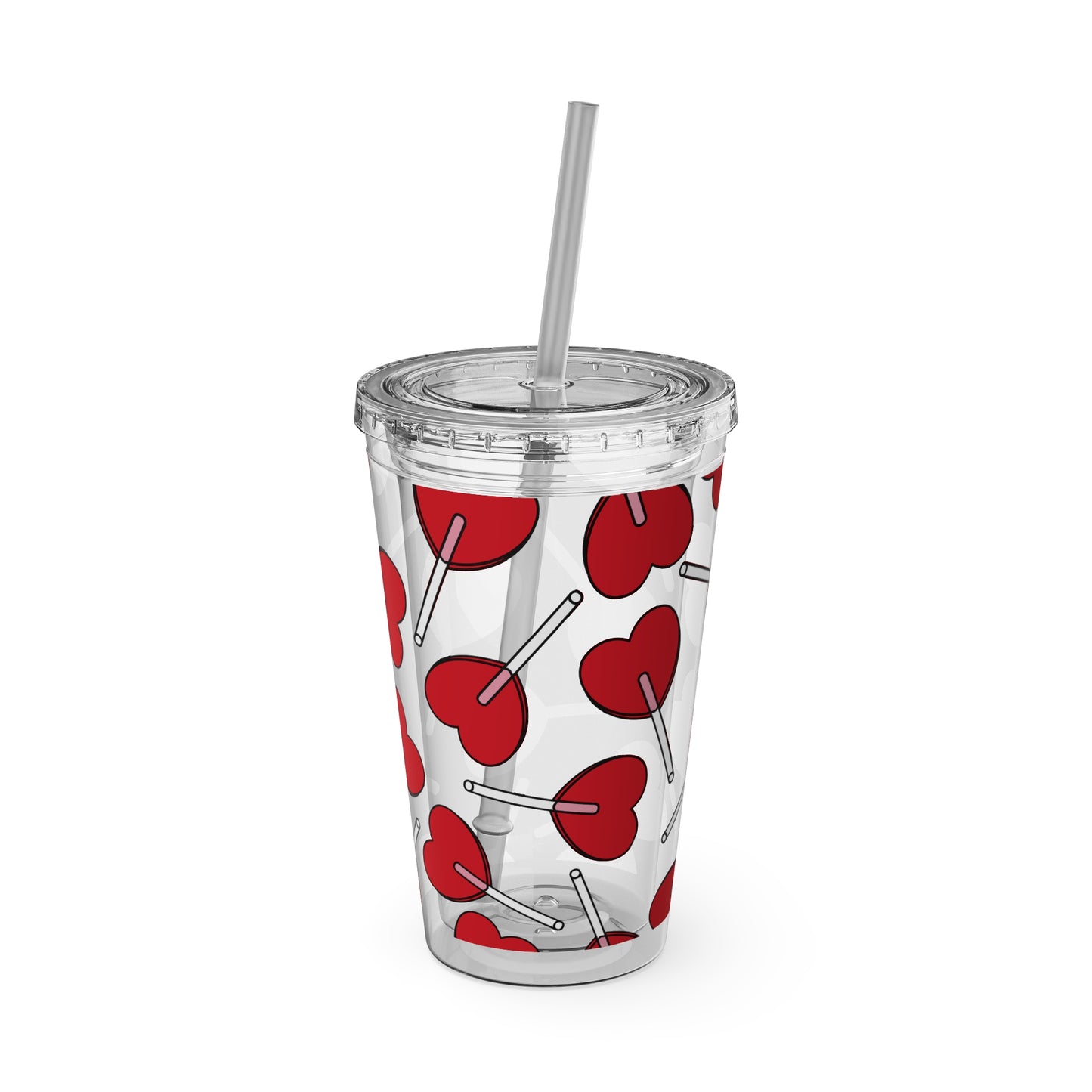 Heart Lollipop 16oz Tumbler with Straw — Valentine Candy Pattern Cold Cup