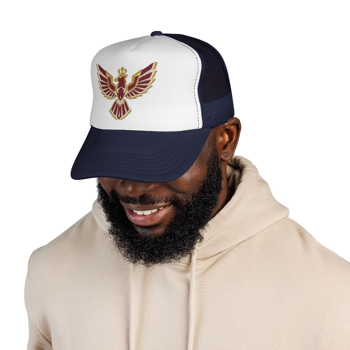 Phoenix Emblem Trucker Cap — Retro Red & Gold Bird Patch Hat