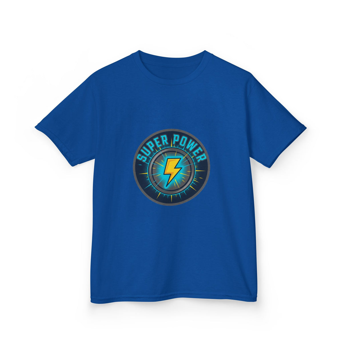 Kids Super Power T-Shirt — Lightning Bolt Badge & Running Superhero Graphic