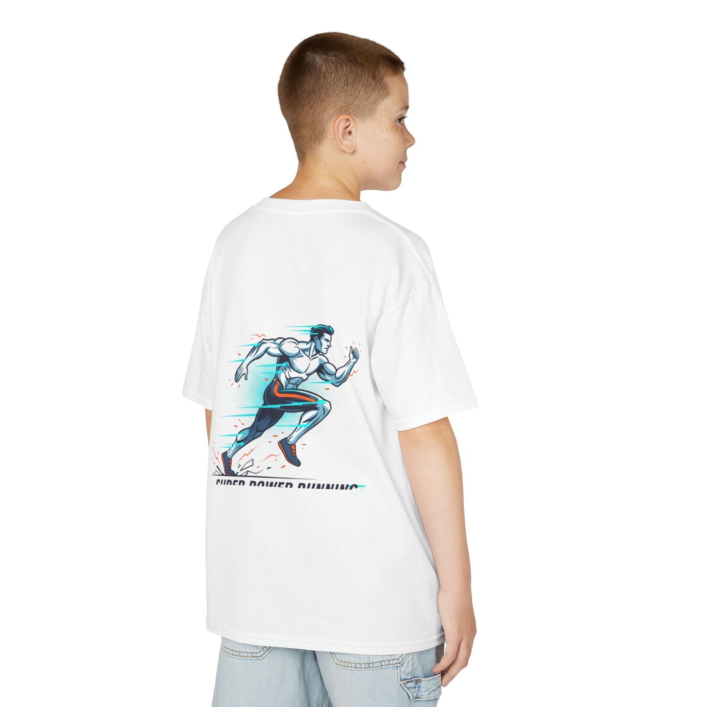 Kids Super Power T-Shirt — Lightning Bolt Badge & Running Superhero Graphic
