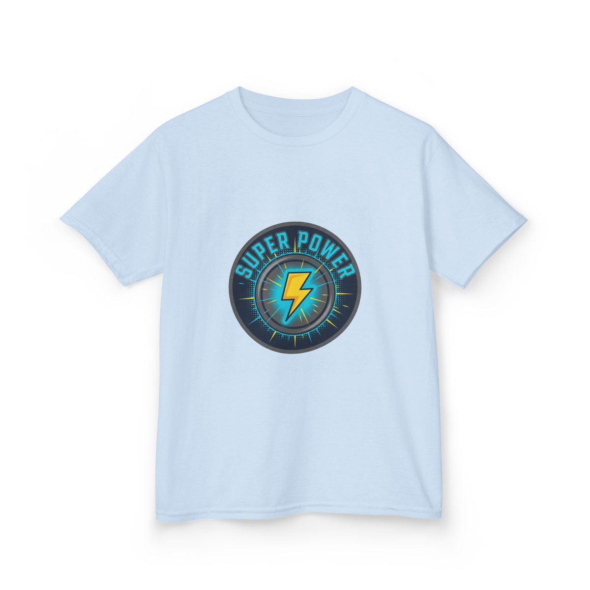 Kids Super Power T-Shirt — Lightning Bolt Badge & Running Superhero Graphic