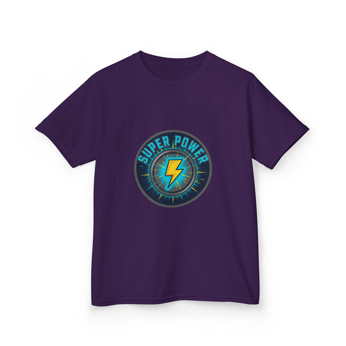 Kids Super Power T-Shirt — Lightning Bolt Badge & Running Superhero Graphic