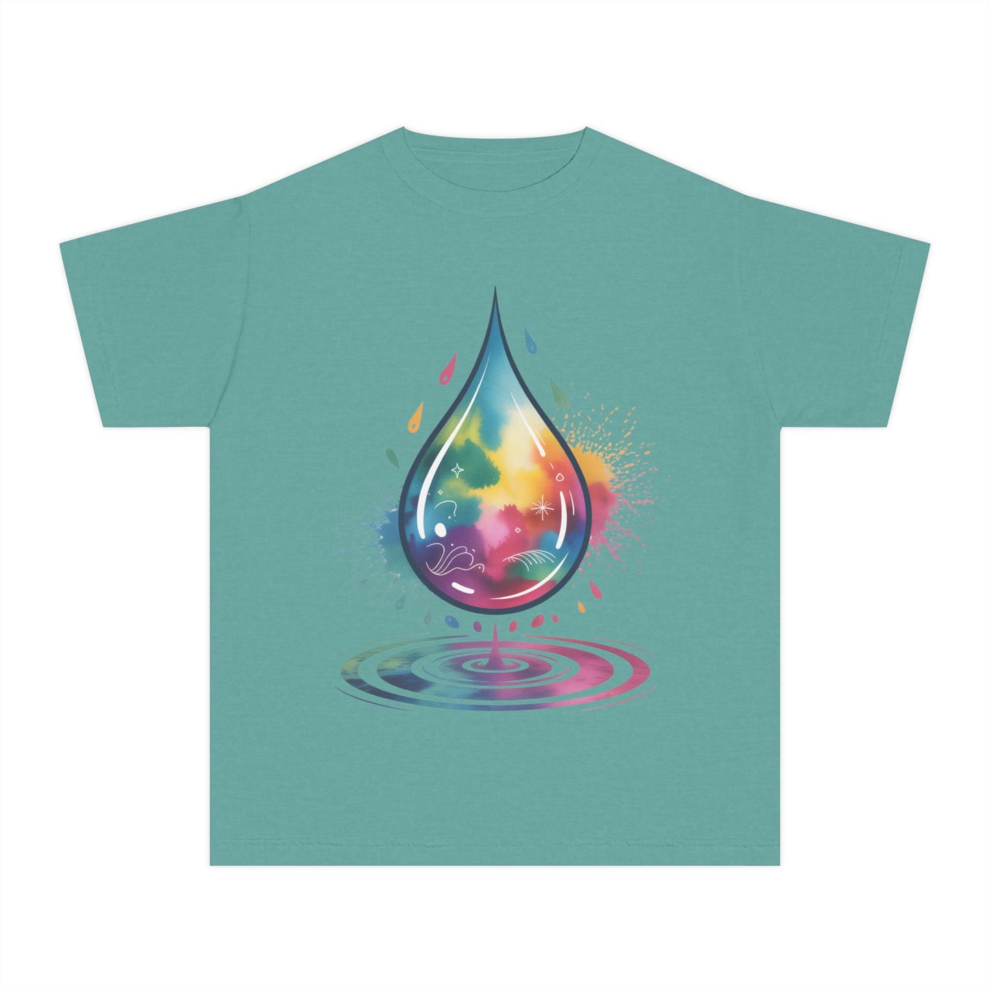 Colorful Nature Youth Tee - Artistic Water Droplet & Whimsical Deer Design