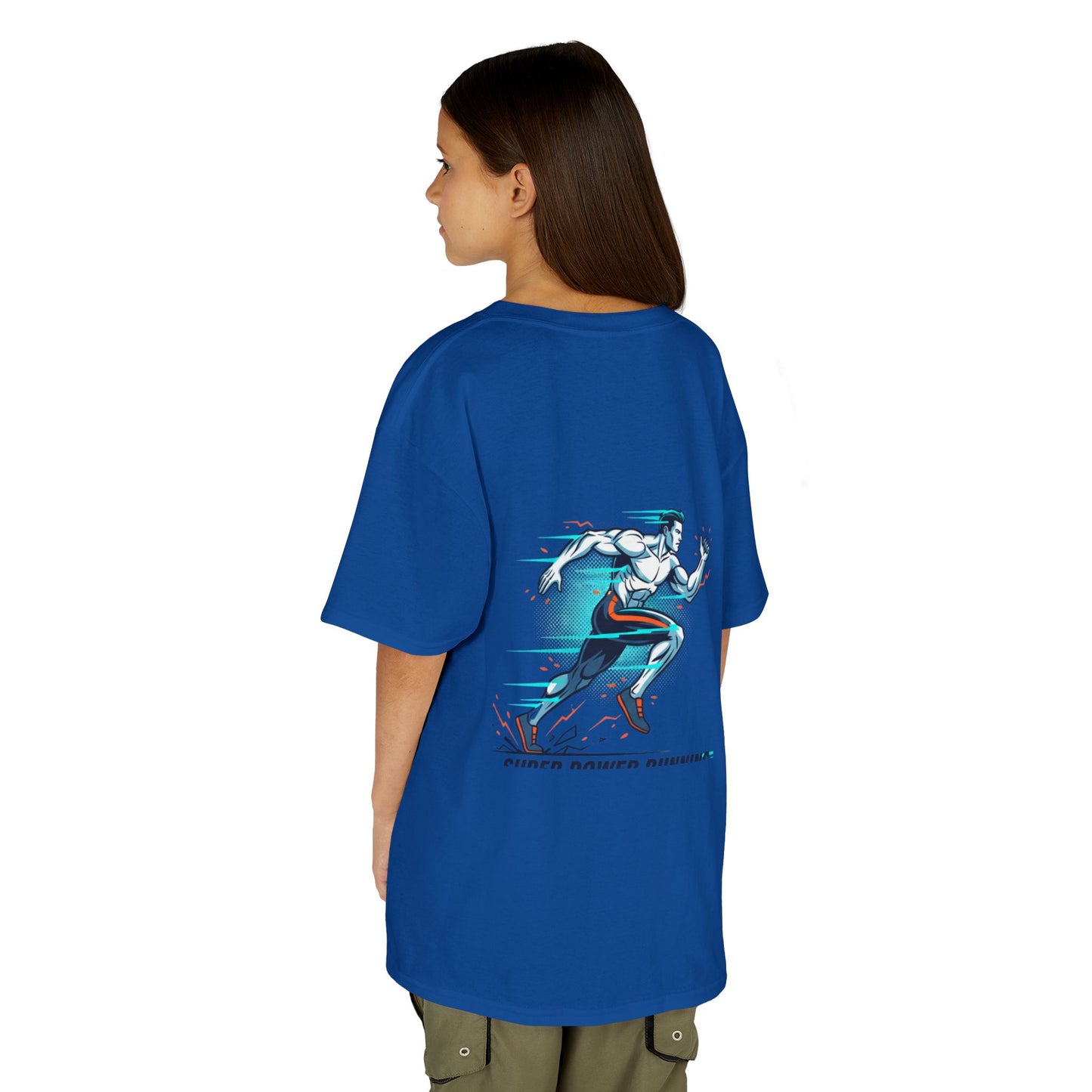 Kids Super Power T-Shirt — Lightning Bolt Badge & Running Superhero Graphic