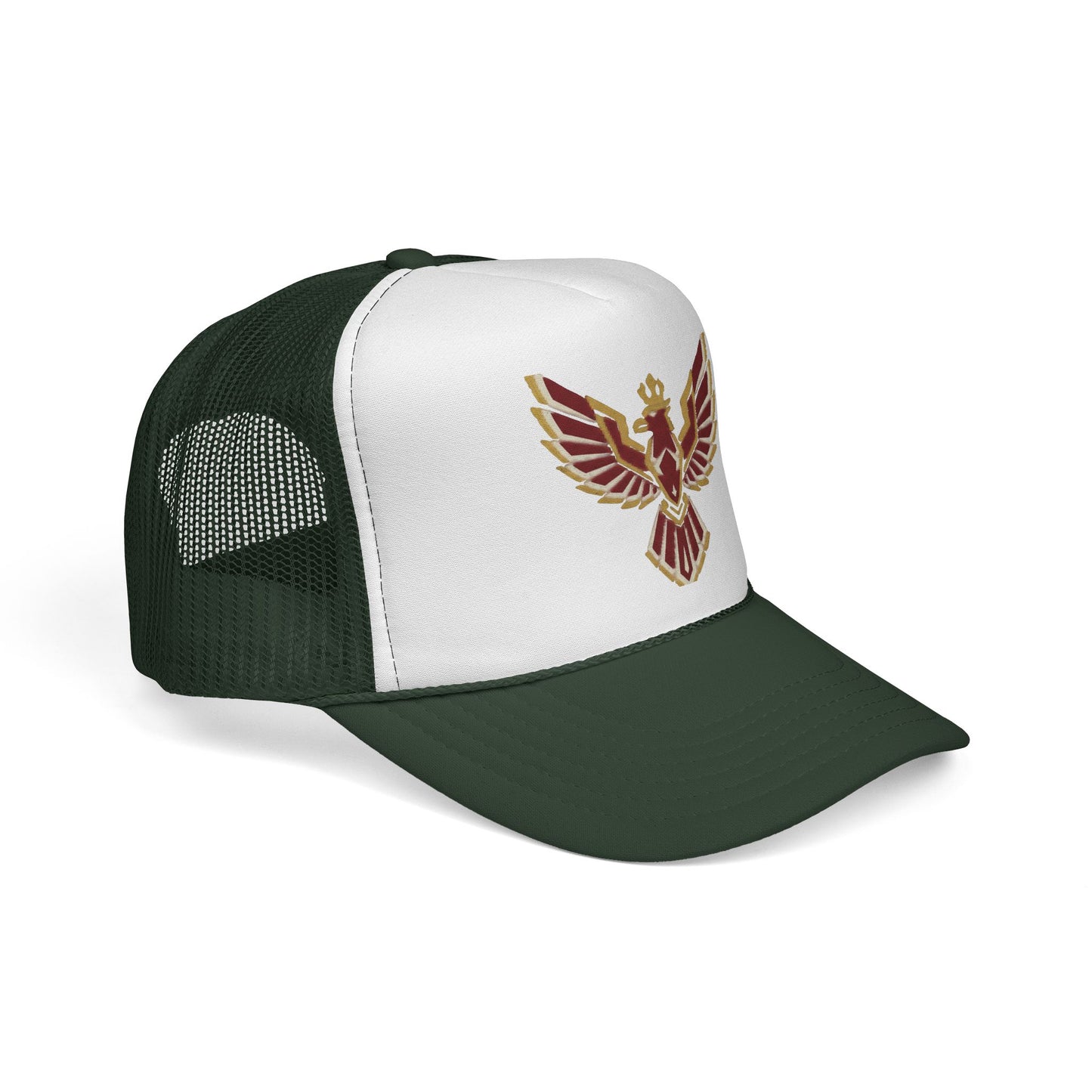 Phoenix Emblem Trucker Cap — Retro Red & Gold Bird Patch Hat