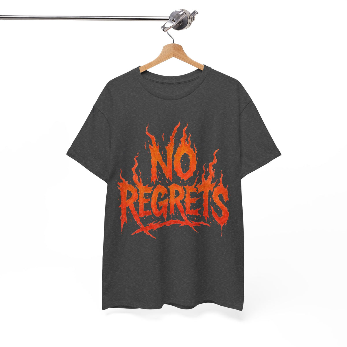 Graphic Tee — 'No Regrets' / 'Proof of Survival' Flame Text Shirt