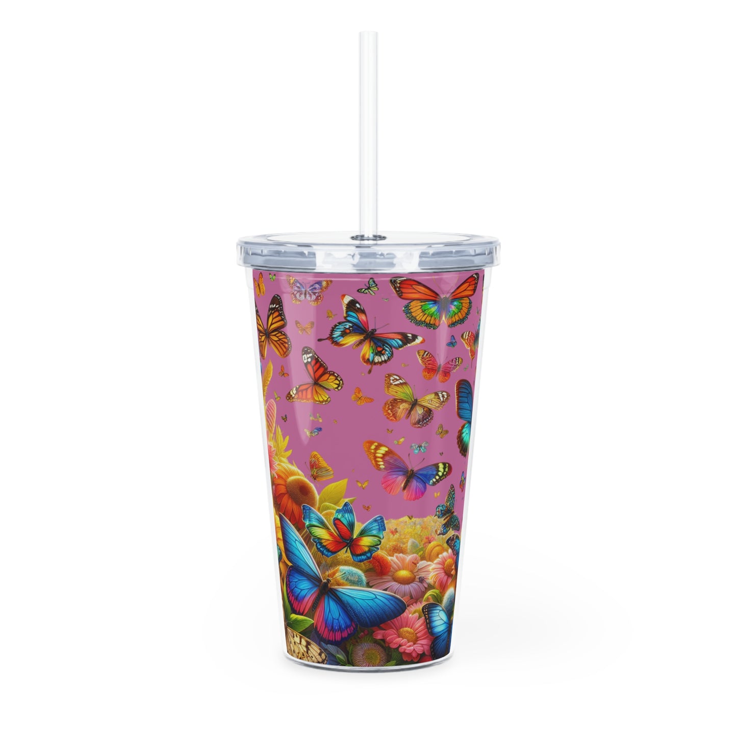 Butterfly Garden Plastic Tumbler with Straw — Colorful Fluttering Butterflies Design