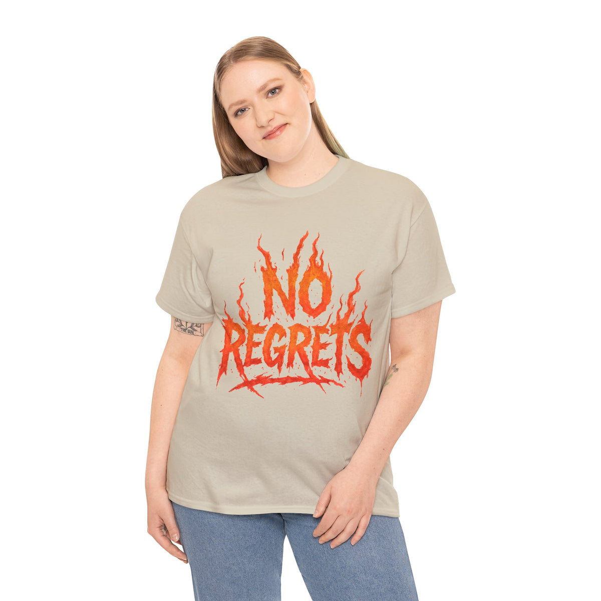 Graphic Tee — 'No Regrets' / 'Proof of Survival' Flame Text Shirt