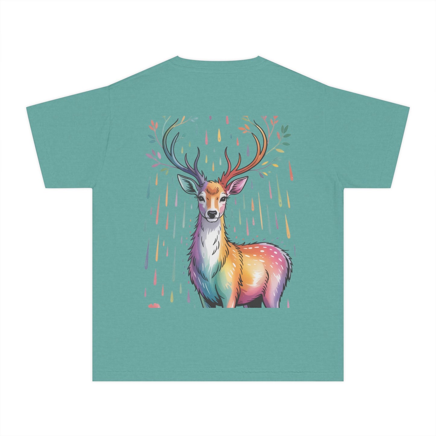 Colorful Nature Youth Tee - Artistic Water Droplet & Whimsical Deer Design