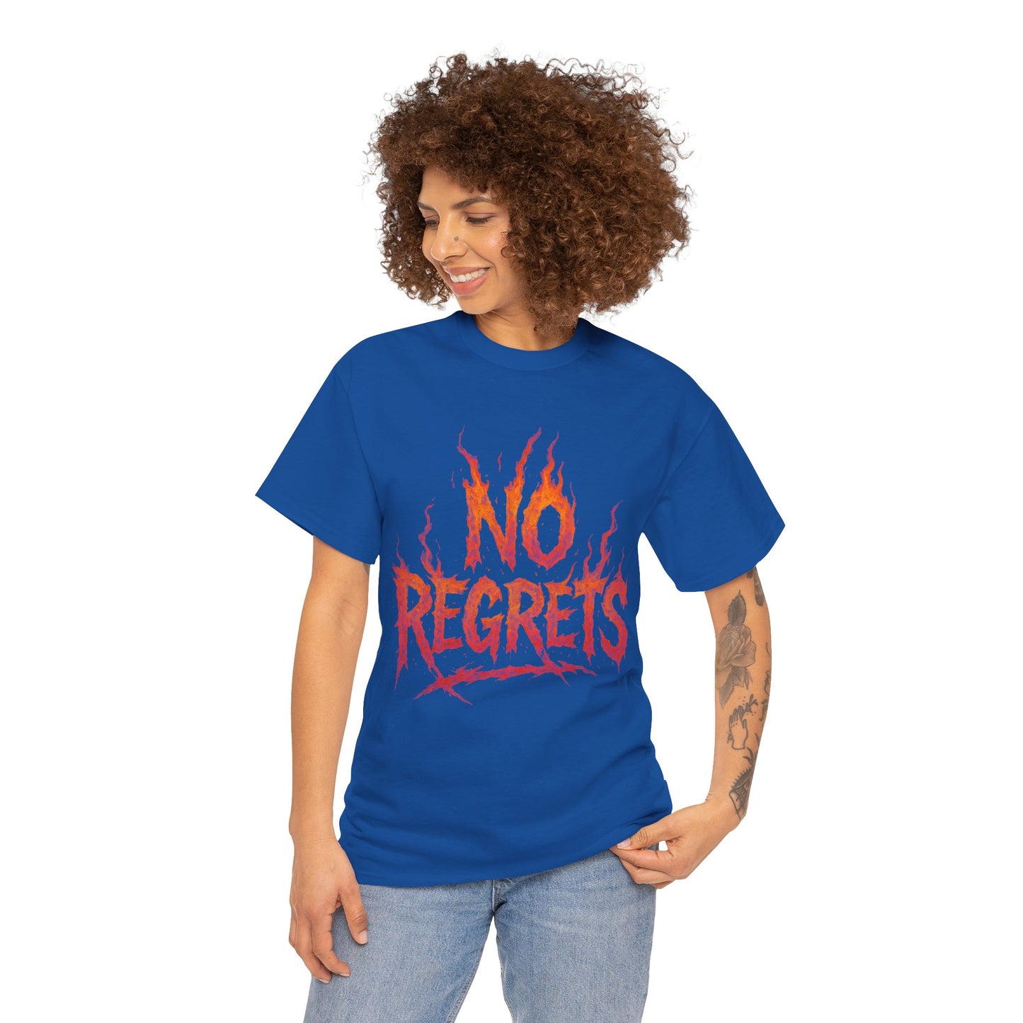 Graphic Tee — 'No Regrets' / 'Proof of Survival' Flame Text Shirt