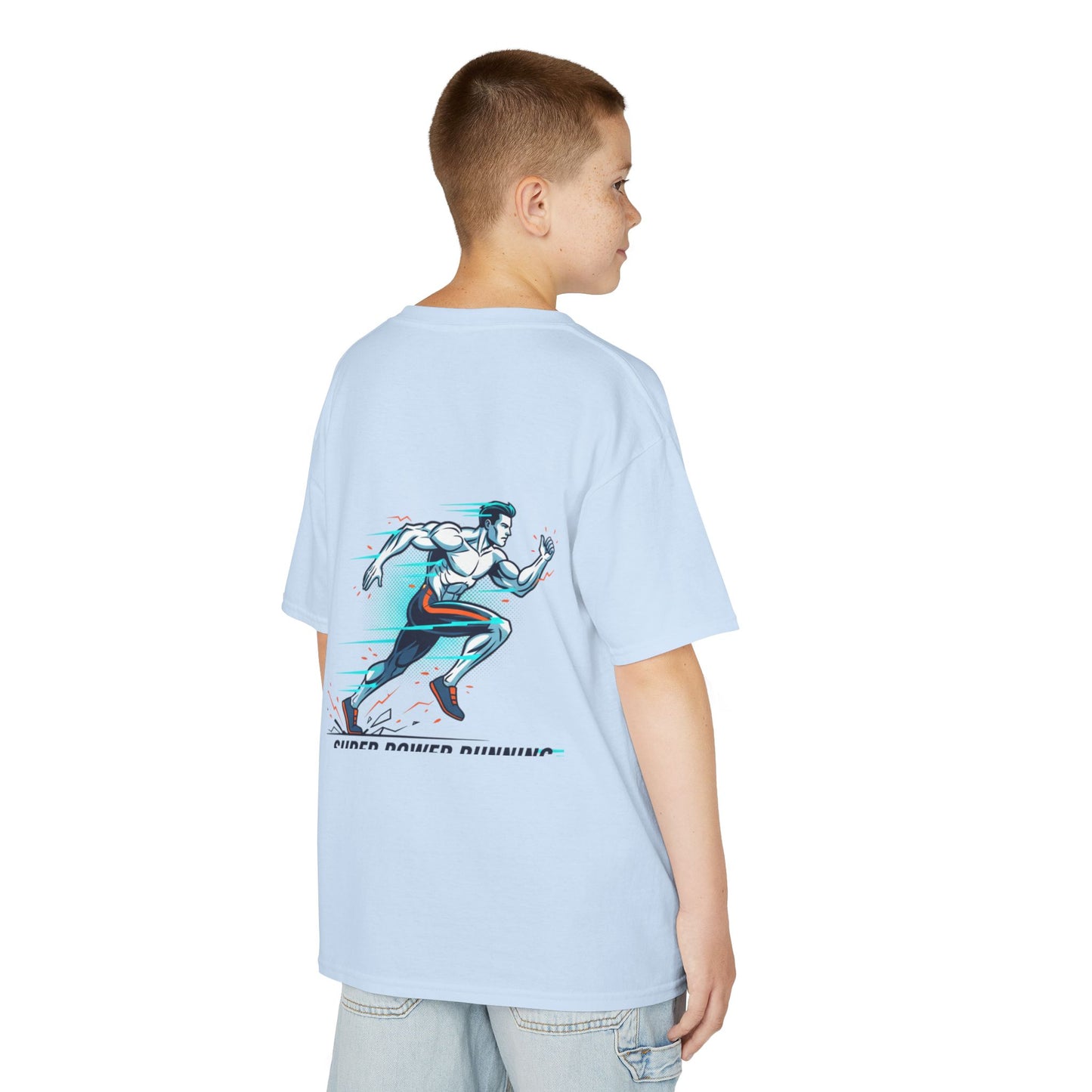 Kids Super Power T-Shirt — Lightning Bolt Badge & Running Superhero Graphic