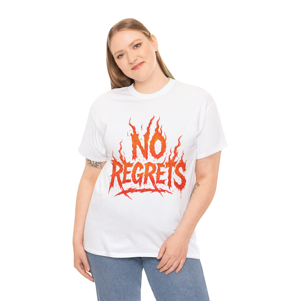 Graphic Tee — 'No Regrets' / 'Proof of Survival' Flame Text Shirt