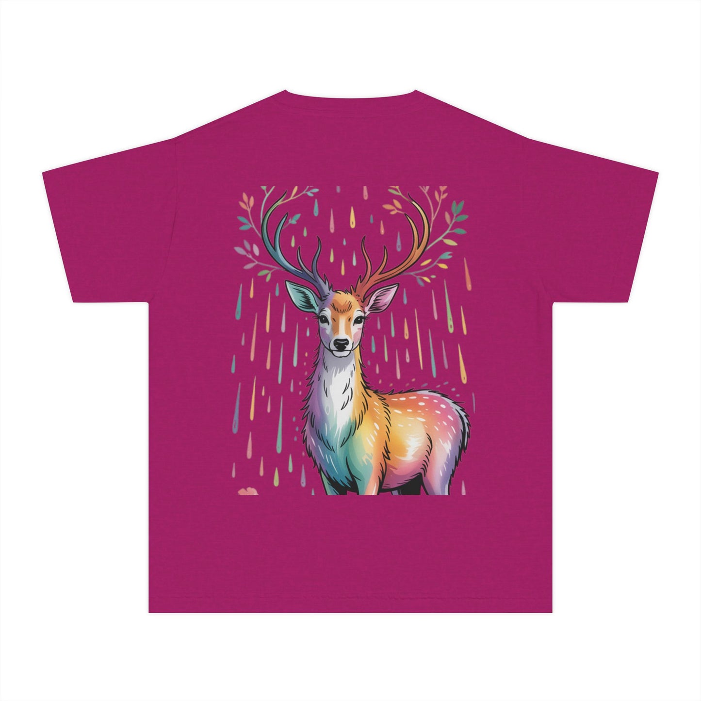 Colorful Nature Youth Tee - Artistic Water Droplet & Whimsical Deer Design