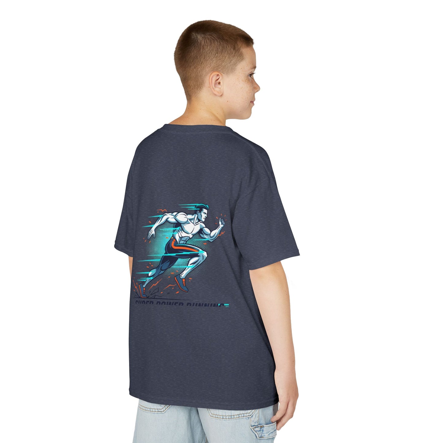Kids Super Power T-Shirt — Lightning Bolt Badge & Running Superhero Graphic