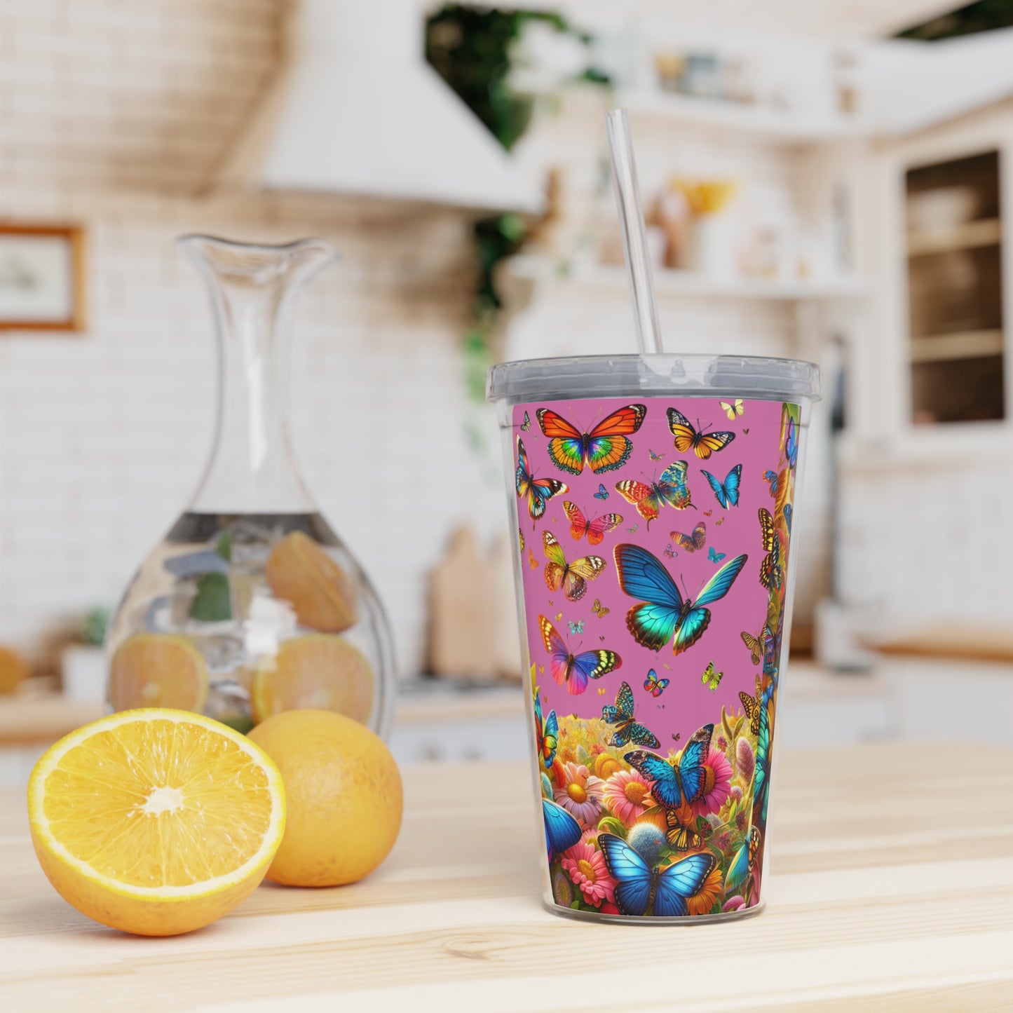 Butterfly Garden Plastic Tumbler with Straw — Colorful Fluttering Butterflies Design