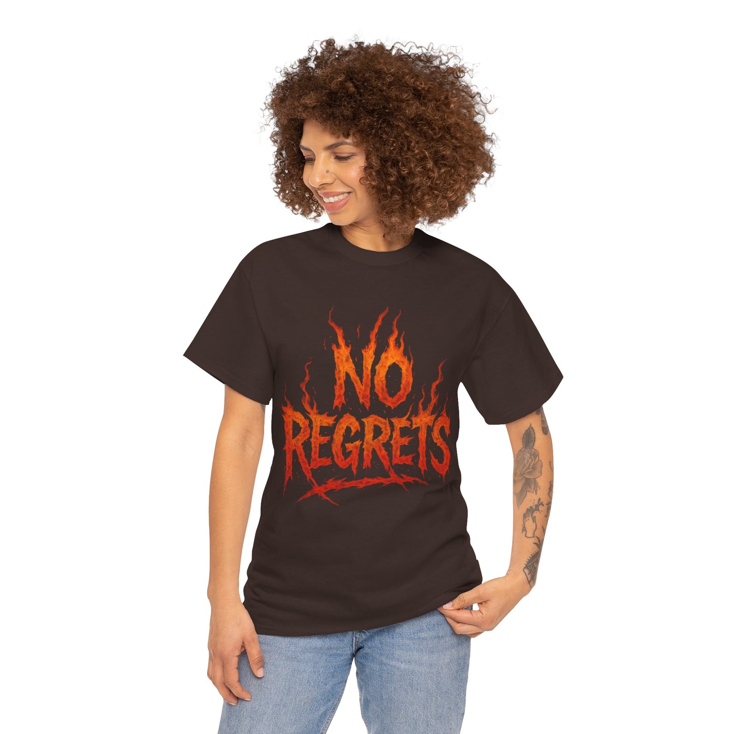 Graphic Tee — 'No Regrets' / 'Proof of Survival' Flame Text Shirt