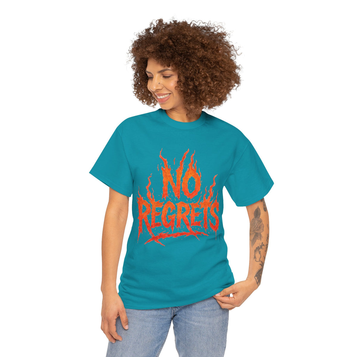 Graphic Tee — 'No Regrets' / 'Proof of Survival' Flame Text Shirt